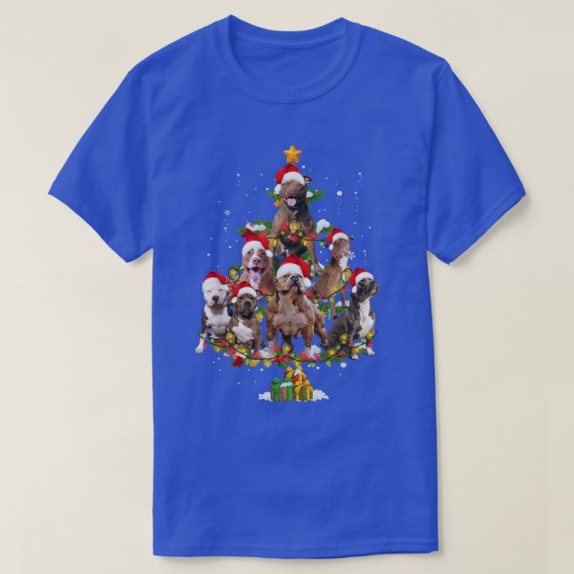 Camiseta Pit Bull Árvore de Natal Santa Hat Xmas Lights Dog (Frente do Design)