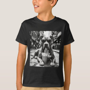 Camiseta Pit Bull Bebendo Café Gelado Arte de Rua de Cachor