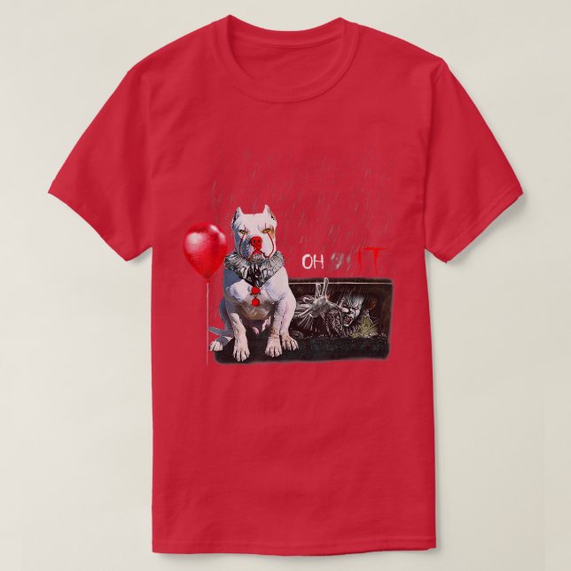 Camiseta Pit Bull Dog Clowe Oh Chuva Balão Engraçado Hallow (Frente do Design)