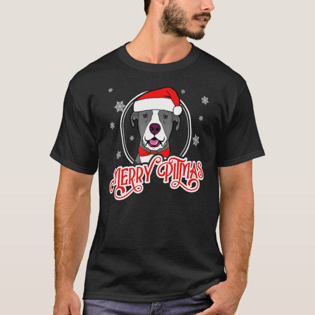 Camiseta Pit Bull Engraçado Natal Feliz Pitmas (Frente)