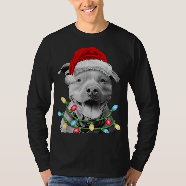 Camiseta Pit Bull Papais noeis Árvore de Natal Luzes de Nat (Frente)