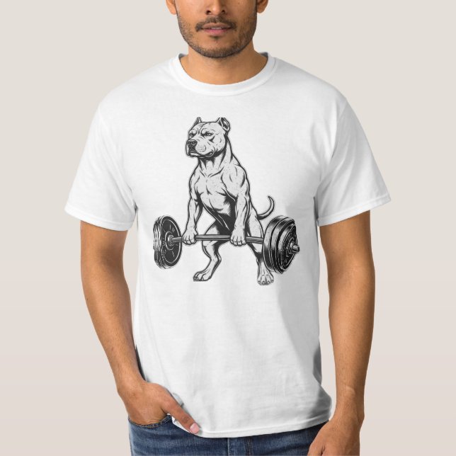 Camiseta Pit Bull Poderoso Levantando Pesos (Frente)