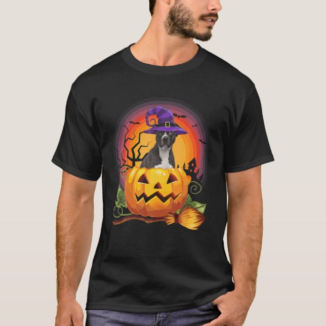 Camiseta Pit Bull Witch Pumpkin Halloween Dog (Frente)