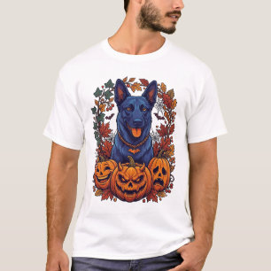 Camiseta Pitbull Azul Abóboras de Halloween Folhas de Outon
