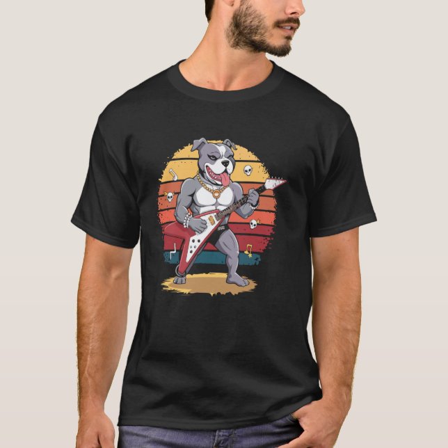 Camiseta Pitbull Balançando Com Guitarra Elétrica (Frente)