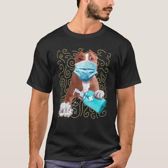 Camiseta Pitbull Desta Vez Vestindo Máscara E Lavando A Mão (Frente)