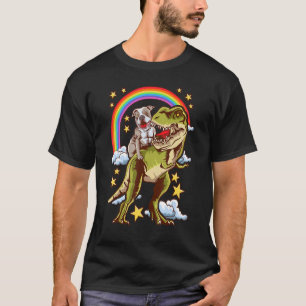 Camiseta Pitbull Dirigindo Um Dinossauro Ilustração Arco-Ír