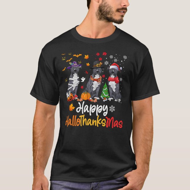 Camiseta Pitbull Dog Halloween Christmas Happy Hallothanksm (Frente)