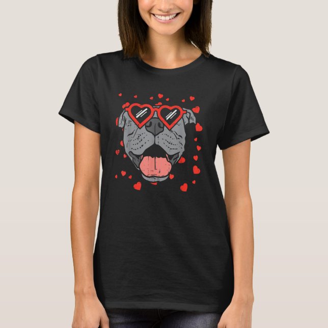 Camiseta Pitbull Face Heart Glasses Valentines Day Pet Dog (Frente)