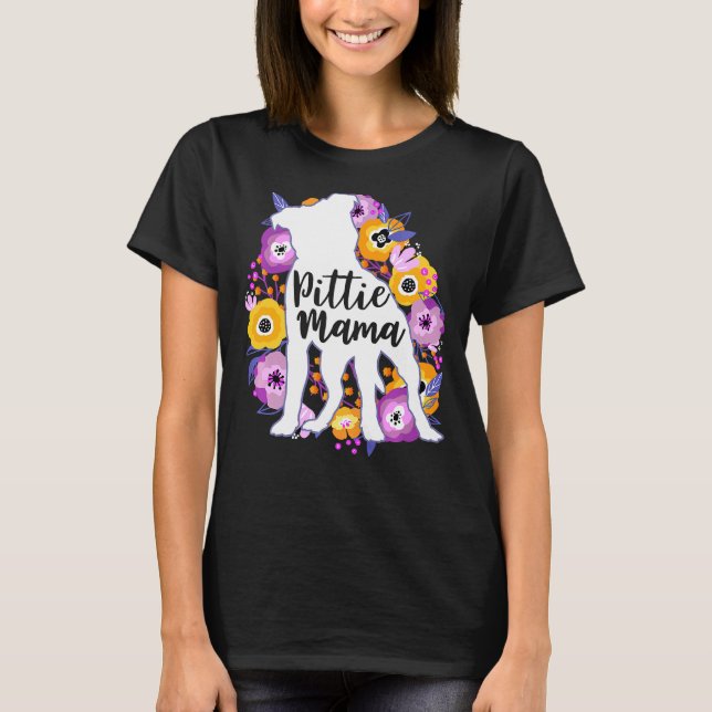 Camiseta Pitbull Mama Flores Roxas Pittie Mãe Bit Bonito (Frente)