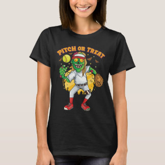 Camiseta Pitch ou Treat Zumbi Softbol Halloween