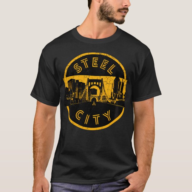 Camiseta Pittsburgh Steel City Retro Skyline Bridge Vintage (Frente)