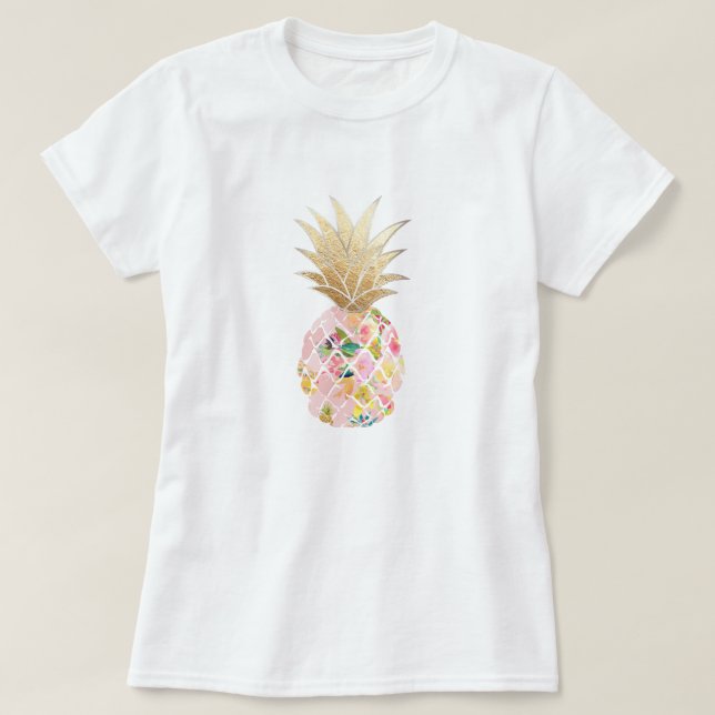 Camiseta Pix Dezines Havaí, Aloha Pineapple/Faux Dourado (Frente do Design)