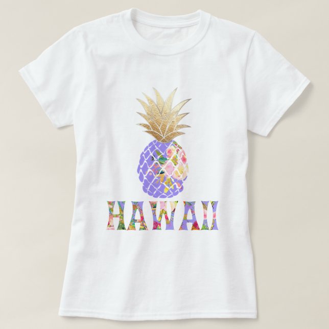 Camiseta PixDezines Hawai, Aloha Pineapple/Faux Dourado (Frente do Design)