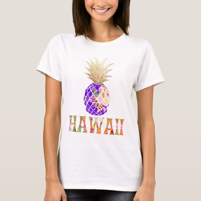 Camiseta PixDezines Hawai, Aloha Pineapple/Faux Dourado (Frente)