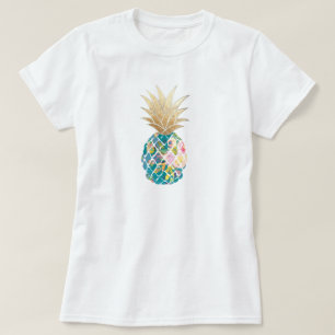Camiseta PixDezines Hawai, Aloha Teal Pineapple/Faux Dourad