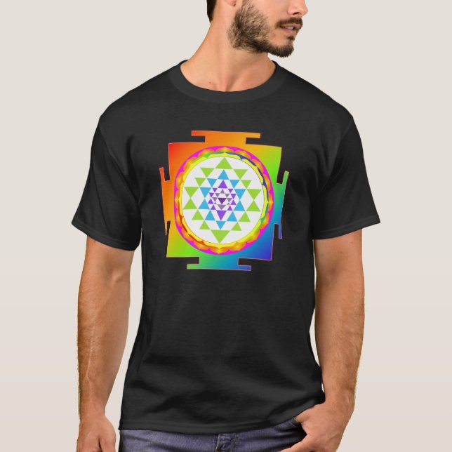Camiseta PixDezines sri yantra/chakra clearing/arco-íris (Frente)
