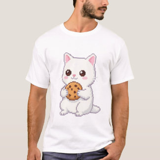 Camiseta Pixel Art Cute Cat com Cookie - Adorável e Doce