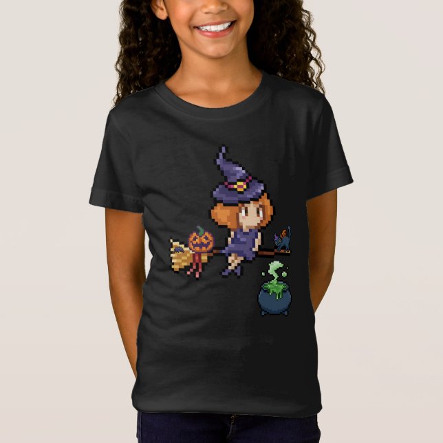 Camiseta Pixel Art Halloween Witold em Broomstick com Cat (Frente)