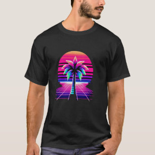 Camiseta Pixel Art Sunset & Palm Tree Retro 8 Bits Vinta