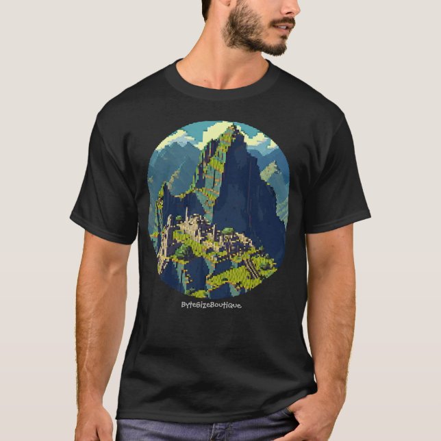 Camiseta Pixel Art, View of Machu Picchu, Custom text, 8 bi (Frente)
