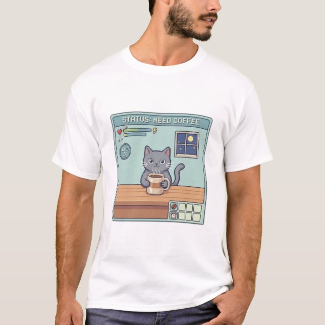 Camiseta Pixel Cat Need Coffee – Retro RPG Game Status (Frente)