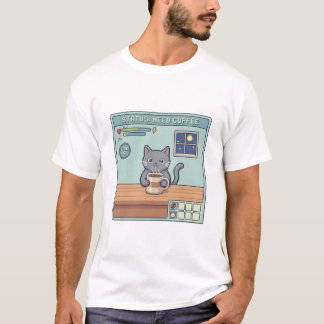Camiseta Pixel Cat Precisa de Café – Estado do Jogo Retro R