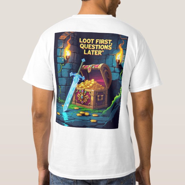 Camiseta Pixel Dungeon cena com tesouro (Verso)