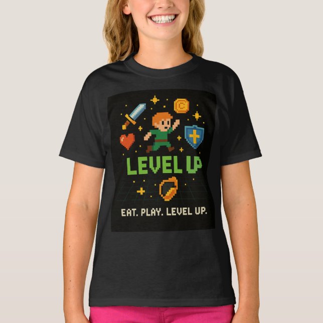 Camiseta Pixel Gamer Kids T-Shirt – Level Up Retro Style (Frente)
