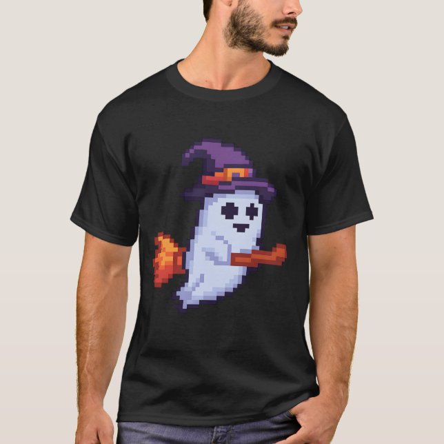 Camiseta Pixel-Geist auf Besen – Halloween Retro Design (Frente)