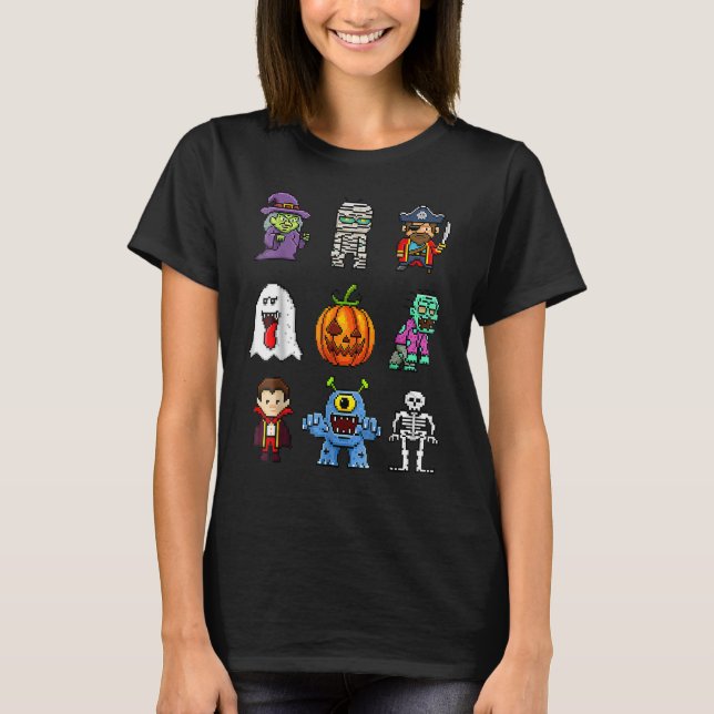 Camiseta Pixel Halloween Witch Pumpkin Boo Pirate Skeleton  (Frente)