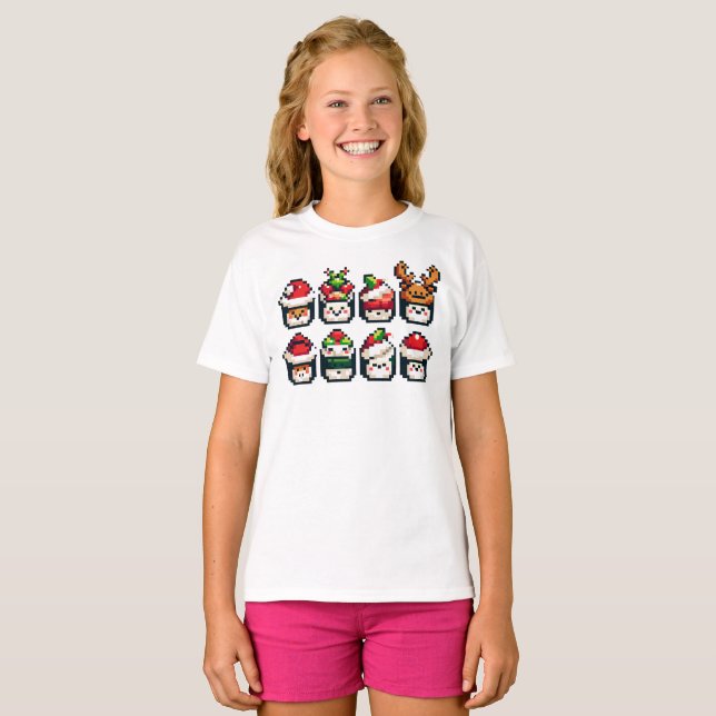 Camiseta Pixel Holiday Sushi - Arte Festiva De 8 Bits (Frente Completa)