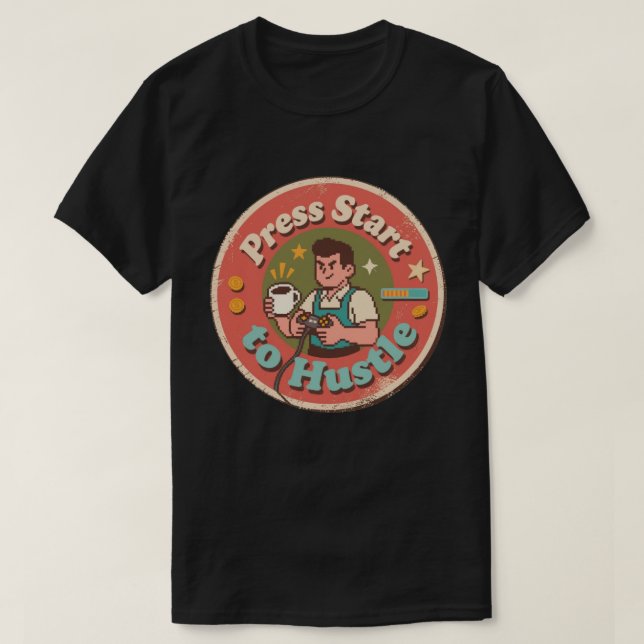 Camiseta Pixel Retro Art Press Start to Hustle Coffee (Frente do Design)