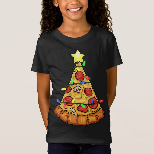 Camiseta Pizza Árvore de Natal Luzes Engraçadas Meninos Cri (Frente)