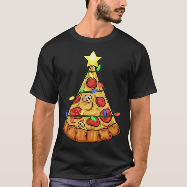 Camiseta Pizza Árvore de Natal Luzes Engraçadas Meninos Cri (Frente)