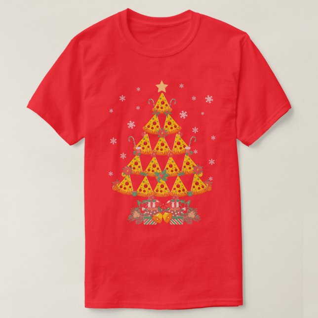 Camiseta Pizza Árvore de Natal Luzes Xmas Meninos Homens Cr (Frente do Design)