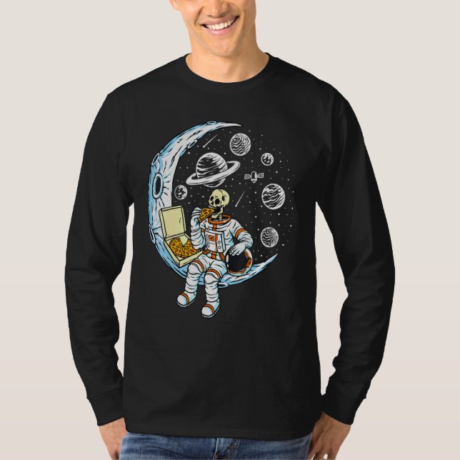 Camiseta Pizza de Astronauta do Esqueleto Comendo na Lua (Frente)