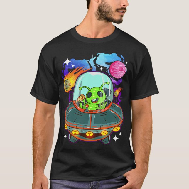 Camiseta Pizza de Comida de alienígena no Espaço de Sobreca (Frente)