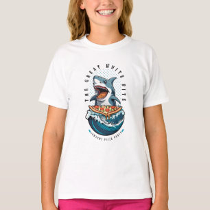 Camiseta Pizza de Comida de Tubarão   Excelente Bite Branca