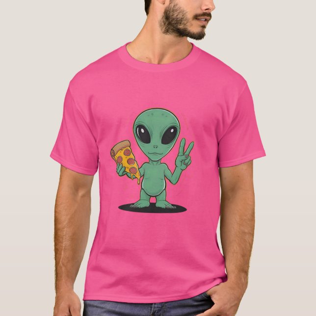Camiseta Pizza Engraçada OFO Alienígena Comendo Pizza Extra (Frente)