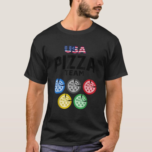 Camiseta Pizza Funny USA Comendo Equipe 5 Anéis Cores Sinal (Frente)