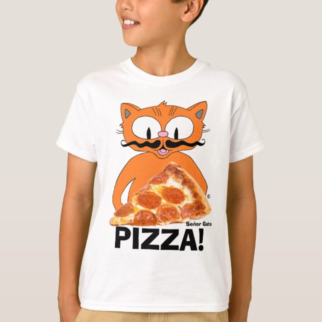 Camiseta PIZZA! Gato Bigode de Desenho com Fatia de Pizza (Frente)