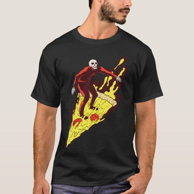Camiseta Pizza Inferno Esqueleto Surfando Comida Rápida And (Frente)
