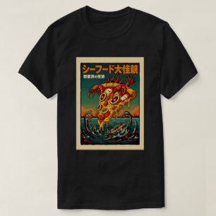 Camiseta Pizza Monstro Kaiju de Frutos do Mar Arte Vintage