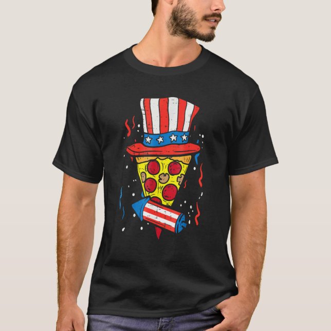 Camiseta Pizza Us Flag Hat Firecracker 4 De Julho Pat Comid (Frente)