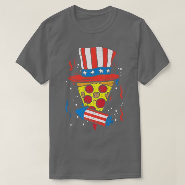 Camiseta Pizza Us Flag Hat Firecracker 4 De Julho Pat Comid (Frente do Design)