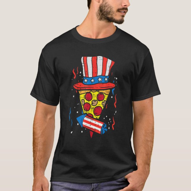 Camiseta Pizza Us Flag Hat Firecracker 4 De Julho Pat Comid (Frente)