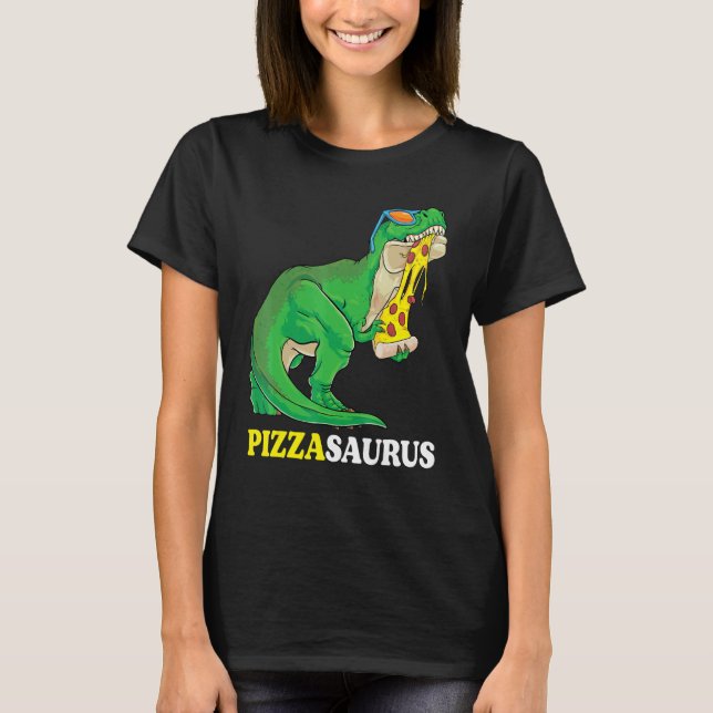 Camiseta Pizzasaurus Rex Dinossauro Fofo Com Óculos de Sol  (Frente)