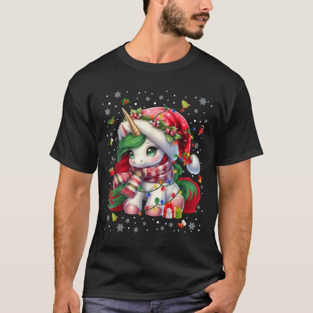 Camiseta Pjs de Natal do Unicórnio Santa Hat Bonito (Frente)