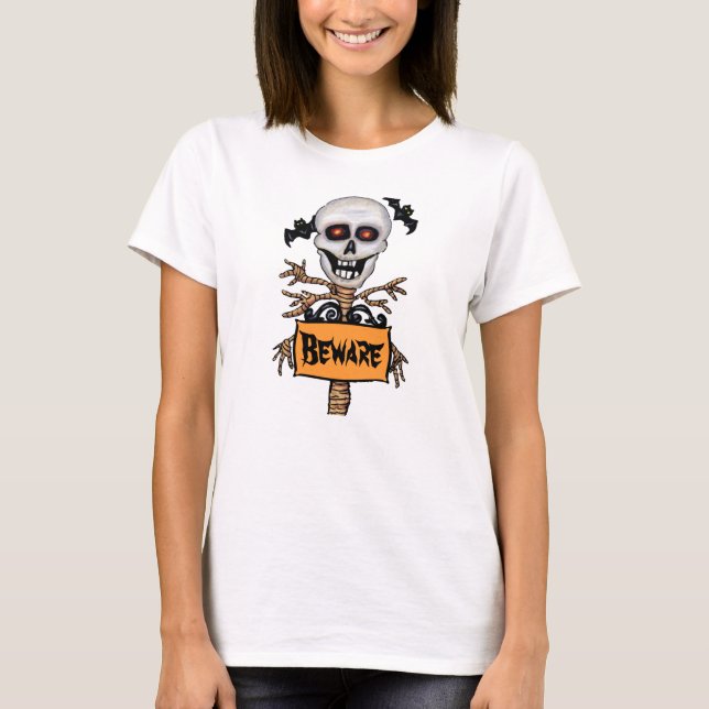 Camiseta Placa de aviso de árvore de crânio sinistra com mo (Frente)